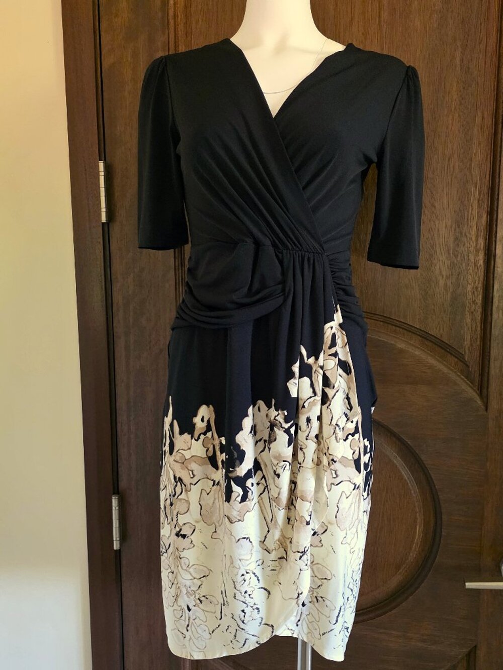 VINTAGE Donna Morgan Size 6 Black & Beige Fitted Jersey Dress VG Cond